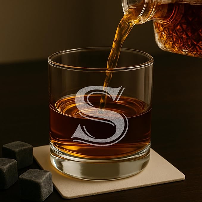 Monogrammed Gifts for Men - 4PC 11 Oz Custom Whiskey Glasses (S-Monogram) - Engraved Whiskey Glasses - Personalized Whiskey Glasses - Unique Bourbon Glasses - Personalized Glass Gifts for Dad