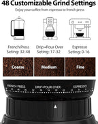 Aromaster Coffee Bean Grinder with 48 Gind Settings, Conical Burr Coffee Grinder for Home Use,Stainless Steel,40 Seconds Adjustable Timer,Anti-static,Easy to Clean with Brush,Black
