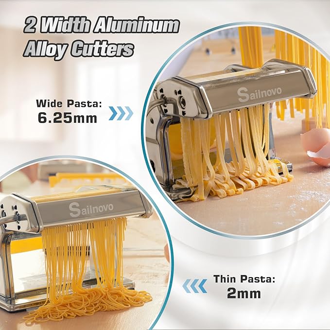 Sailnovo 3 in 1 Pasta Maker Machine - 9 Adjustable Thickness Settings Aluminum Alloy Pasta Roller & 2 Width Cutters for Fresh Spaghetti, Fettuccini, Lasagna, Dumplings - Stainless Steel, Silver