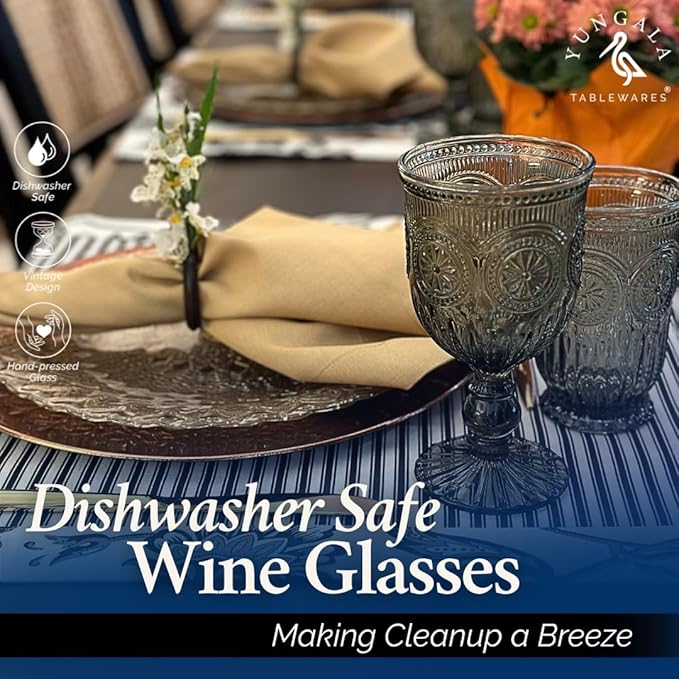 Yungala Smokey Black Wine Glasses Set of 6 Vintage Hobnail Goblets 10 oz Dishwasher Safe