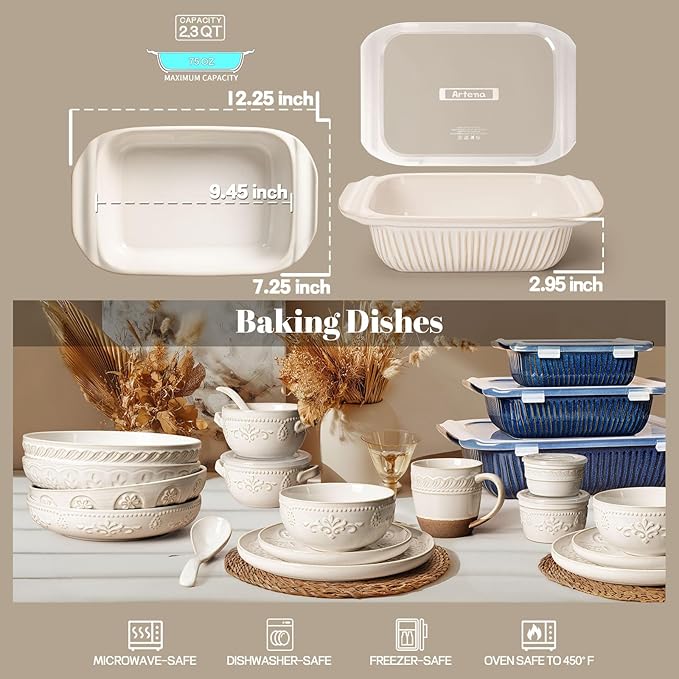 Artena Baking Dish 2.3 Quarts, Casserole Dishes For Oven, Baking Pan With Handles, Lasagna Pan Deep, Large Casserole Dish, Rectangular Ceramic Bakeware, White (Baking Dish With Lids)