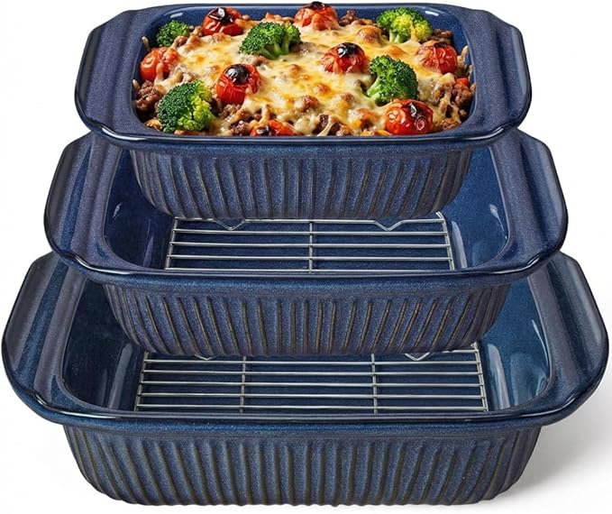 Artena Casserole Dishes For Oven, Ceramic Baking Dish, Large Lasagna Pan With Handles, Baking Pan Casserole Dish, Rectangular Bakeware Deep, Set Of 3 (5.1Qt/2.3Qt/1.1Qt) (Blue - Baking Dish With Rack)