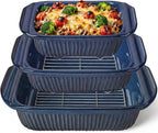 Artena Casserole Dishes For Oven, Ceramic Baking Dish, Large Lasagna Pan With Handles, Baking Pan Casserole Dish, Rectangular Bakeware Deep, Set Of 3 (5.1Qt/2.3Qt/1.1Qt) (Blue - Baking Dish With Rack)