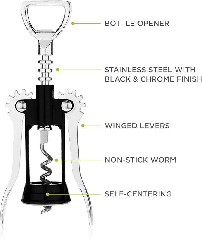 True Soar Winged Corkscrew Wine Opener, Multi-Purpose Bottle Opener for Beer and Soda, Stainless Steel with Chrome Finish, Easy to Remove Cork for Bartenders, Home Bar, Kitchen, Set of 1, Black