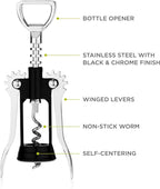 True Soar Winged Corkscrew Wine Opener, Multi-Purpose Bottle Opener for Beer and Soda, Stainless Steel with Chrome Finish, Easy to Remove Cork for Bartenders, Home Bar, Kitchen, Set of 1, Black