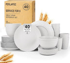 40 PCS Wheat Straw Dinnerware Sets, Service for 8 - Dinner Plates, Cereal Bowls, Drinking Glasses, Unbreakable Plastic Plates and Bowls Sets, Dishwasher and Microwave Safe for Kitchen - White