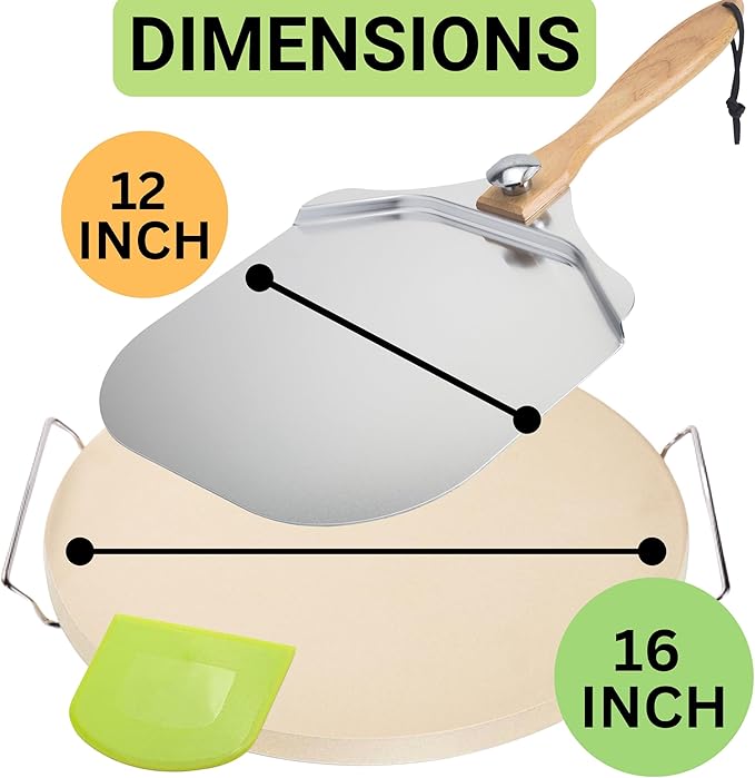 Round Pizza Stone for Oven 16 inch - Large Pizza Stone for Grill with Handles, Metal Pizza Peel & Dough Tool - Baking Stone for Bread - Oven Stones - Pizza Making Set