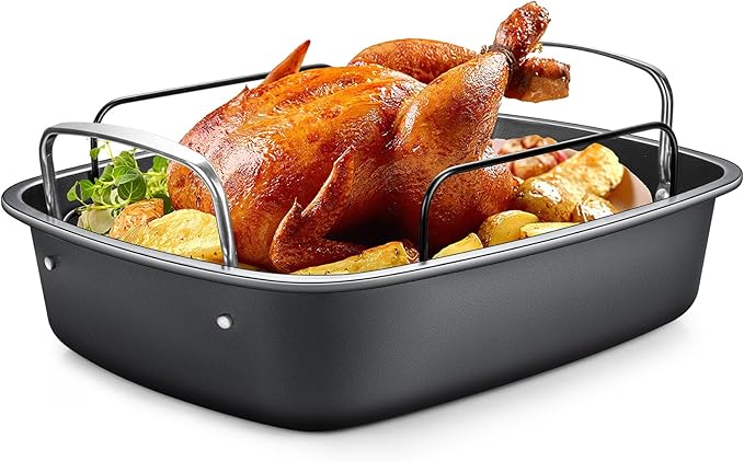 Nonstick Turkey Roasting Pan with Rack - 17×13 Inch Extra Large Roaster Pan, Deep Turkey Tray for Oven, U-Shaped Rack, Wider Handles, Ideal for Ovens, Thanksgiving, and Christmas