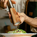Salt and Pepper Grinder Set Gold Manual Pepper Grinder with Wooden Base, Adjustable Coarseness Refillable Ceramic Blade Grinding Enjoy Fresh Ground Pepper Salts with Spices, 2pcs-7in(7IN-Golden Wood)