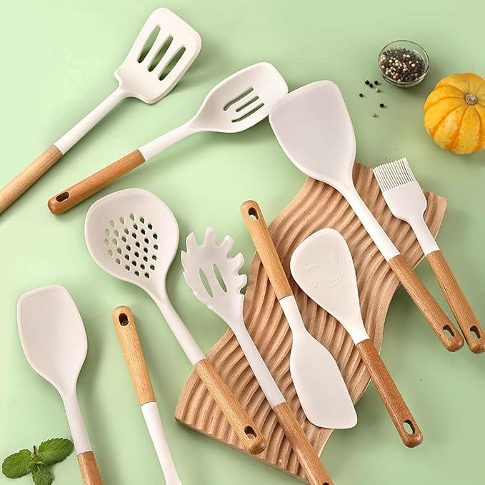 Silicone Kitchen Utensils Set 10 Piece, Heat Resistant, Non-Stick, Wooden Handle Cooking Tools