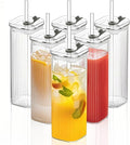 6 Sets Glass Cups with Lids & Straws, Square Ribbed Drinking Glasses with Lids, Clear Highball Tumblers for Cocktail, Coffee, Juice, Beer, Modern Mixed Drinkware Jars
