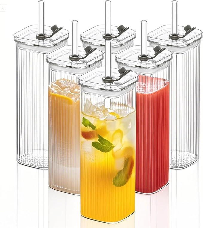 6 Sets Glass Cups with Lids & Straws, Square Ribbed Drinking Glasses with Lids, Clear Highball Tumblers for Cocktail, Coffee, Juice, Beer, Modern Mixed Drinkware Jars