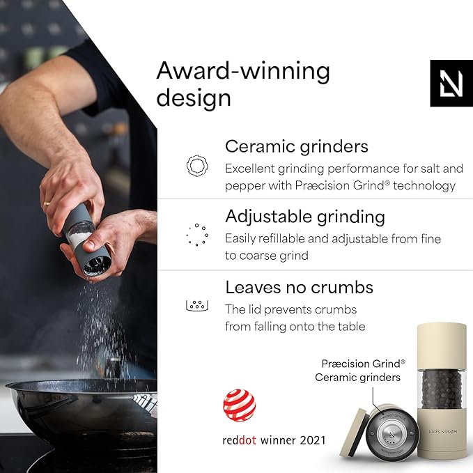 LARS NYSØM Salt and Pepper Grinder Set, Manual Salt and Pepper Mills with Adjustable Ceramic Grinder, Design Spice Shaker Set (Almond Beige)