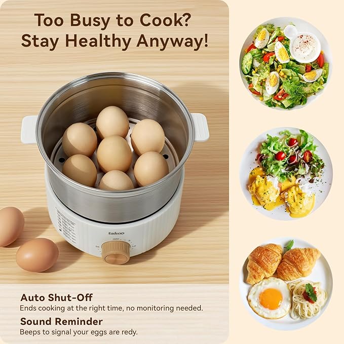 TAKOO 3-in-1 Electric Egg Cooker for Hard Boiled Eggs Poacher, Omelet Maker & Vegetable Steamer, Holds 14