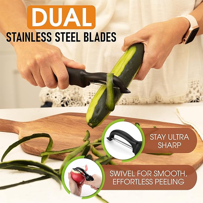 Spring Chef Professional Box Grater, Large & Premium Swivel Vegetable Peeler, Black - 2 Product Bundle