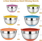 Fyrnova Mixing Bowls with Lids Set, 6 Piece Stainless Steel Nesting Storage Bowls for Kitchen, with 3 Grater Attachments & Non-Slip Bottoms, Size 5.5,3.5,2.5,2.1,1.5,1.1 QT