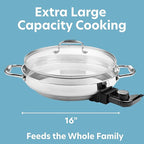 XL Electric 16" Skillet By CucinaPro- 18/10 Stainless Steel Frying Pan with Tempered Glass Lid and Handle, Round with Adjustable Temperature Control Probe, Portable, Includes Recipe Guide, Great Gift