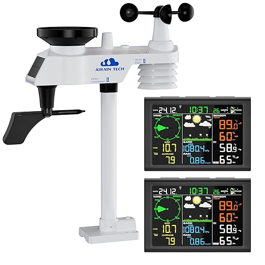 10-in-1 Wireless Weather Station with Dual Display, Outdoor Sensor, Rain Gauge, Atomic Clock, Wind Speed, Indoor Temp/Humidity, Barometric Pressure,etc (No WiFi)