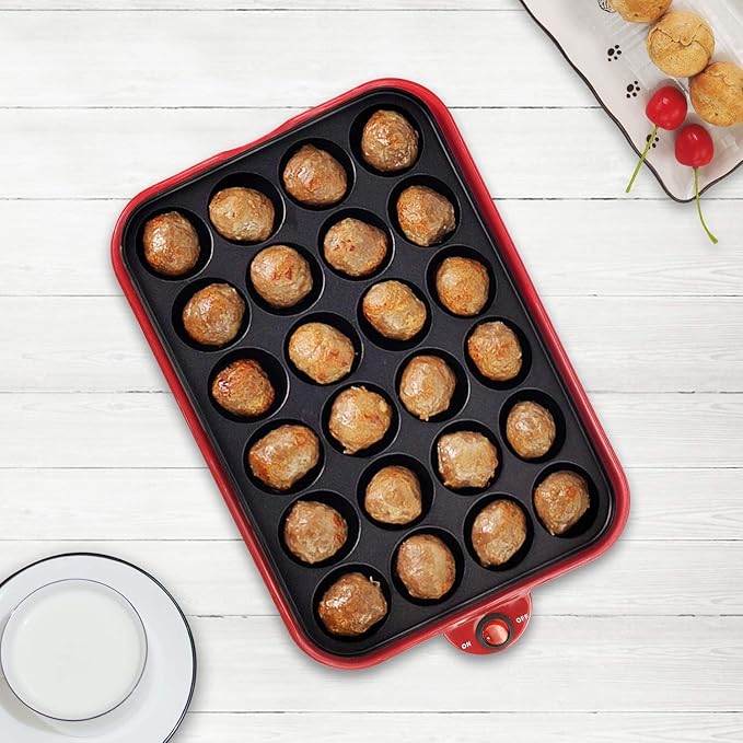 Health and Home Multifunction Nonstick Baking Maker with 3 Interchangeable Baking Plates for Fried Eggs, Fried Steak, Takoyaki, Cake Pops, Grill Maker, RED-1