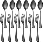 Set of 12, Stainless Steel Dinner Forks and Spoons Silverware Set, Heavy-Duty Forks (8 Inch) and Spoons (6.7 Inch) Cutlery Set, Dishwasher Safe (Black)