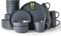Famiware Mercury Dinnerware Sets with Mugs, Service for 6 (24 Pieces), Stoneware Plates and Bowls Sets, Microwave and Dishwasher Safe Dishes Set, Charcoal