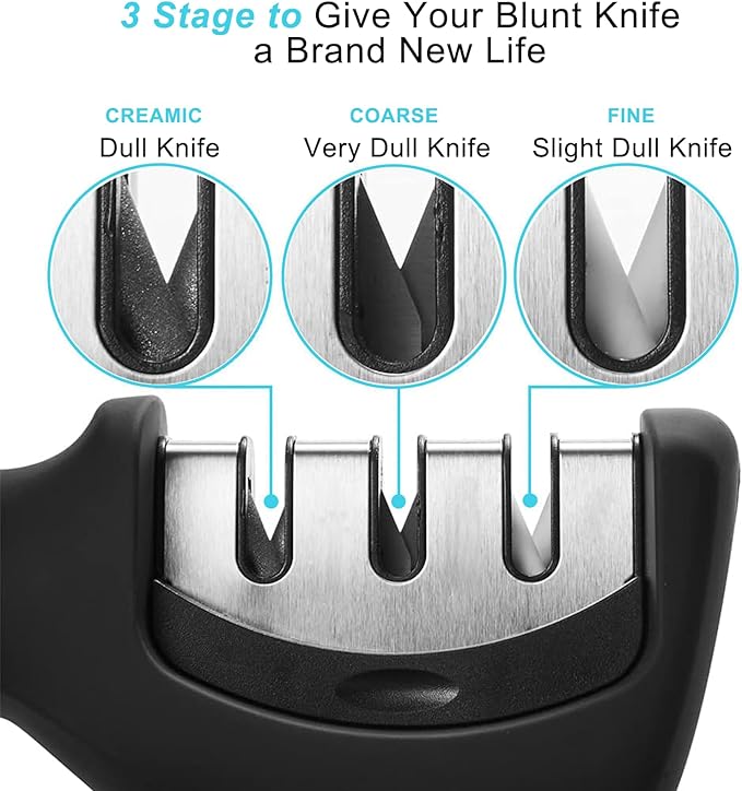 Elite Kitchen Knife Sharpener with 3 Stages, Professional Manual Blade Sharpening System, Ceramic Stone, Tungsten Carbide Plates, Diamond rods, Ergonomic Handle, Non-Slip Base,Stylish Black