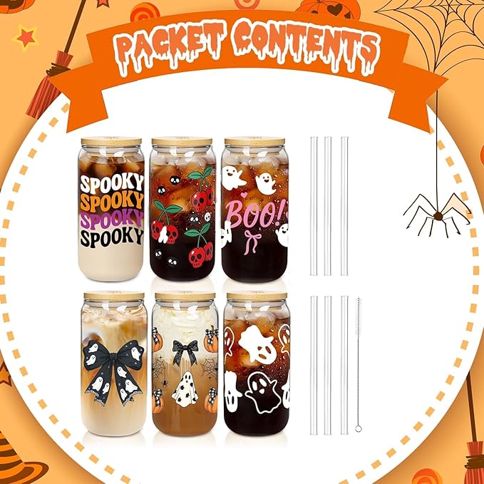 ANOTION Halloween Cups, 18oz Ghost Pumpkin Iced Coffee Mason Jar Mugs, Glass Tumbler with Lids Straws Gift Bags, Boo Basket Stuffers, Halloween Party Home Decorations & Gifts for Women Adults Kids