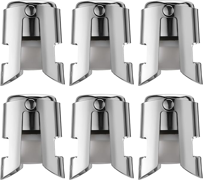 Champagne Stopper 6 Pack Stainless Steel Champagne Save with Food Grade Silicone, Leak-Proof Bubble Retaining Saver, Suitable for Champagne Prosecco Cava and Sparkling (Silver)