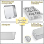 TeamFar Bakeware Sets, Stainless Steel Toaster Oven Baking Roasting Pans, Square/Round Cake Pan, Loaf Pan & Muffin Pan, Healthy & Heavy Duty, Smooth & Dishwasher Safe-5 PCS