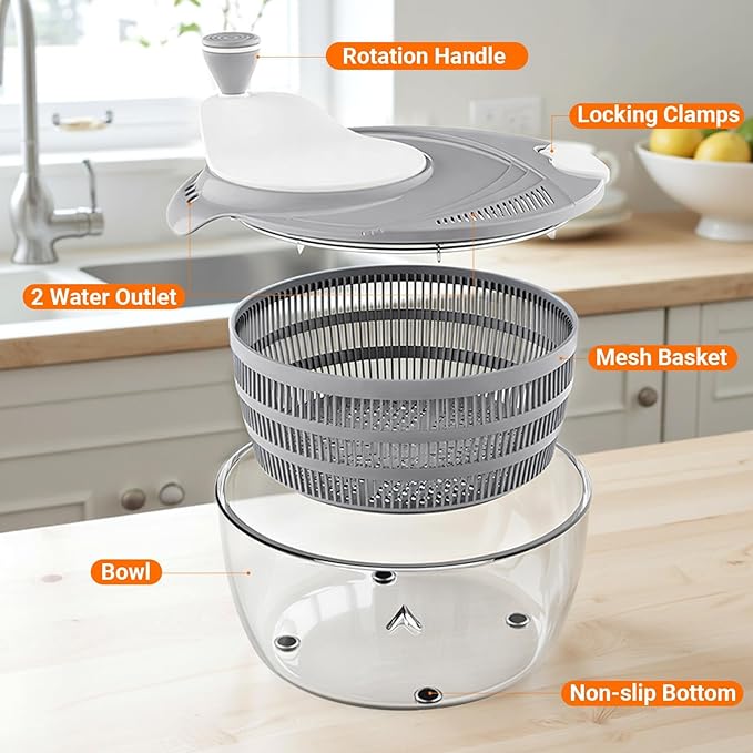 HomeHacks Salad Spinner Large Lettuce Spinner, Large Fruit Cleaner with Double Drainage Holes, 5 Chopping Blades, High Efficiency for Kitchen Washing & Drying Leafy Vegetables, Easy Press (Grey)