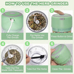 Electric Herb Grinder for Spice- Efficiency 3.4oz Large Grinder for Grinding Fresh and Dry Herb, Portable USB Charge with Clear Chamber, Clean Brush and Tweezers As a Gift (Pale-green)
