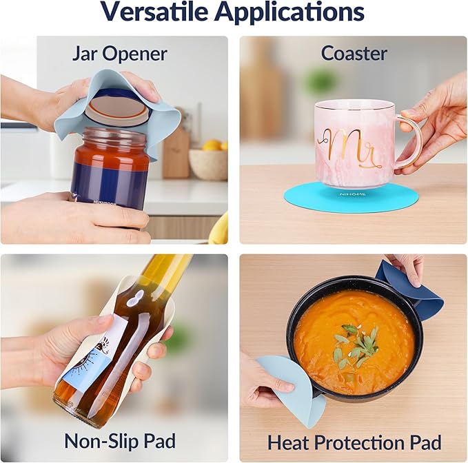 NIHOME Silicone Jar Opener – 6 Inch Large Anti-Slip Grip Pads, Premium 100% Food-Grade Silicone, Stylish Designer Colors, Multi-Purpose Heat-Resistant Mat & Coaster, Set of 4 (Ocean Gradient)