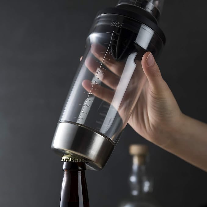 Host All in One Cocktail Shaker Set with Measurements, Reamer, Bottle Opener, Strainer and Jigger for Cold Brew Cocktails, Home Bar, Bartending, Camping, Picnic, Outdoor Party, On the Go, 18 oz