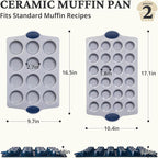 BRONYPRO 2-Pack 12 Cup and Mini 24 Cup Non Toxic Nonstick Ceramic Muffin Pan & Cupcake Tin, PFOA & PTFE Free, Heavy Duty Rust-Resistant Aluminized Steel, Oven Safe, Blue