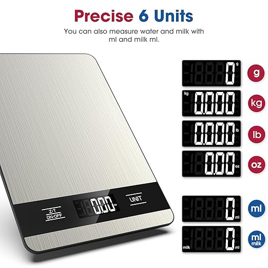 Mik-Nana Food Scale, 11lb Digital Kitchen Scale with LCD Display 6 Units Tare Function, Stainless Steel Weight Grams and Ounces for Baking, Cooking and Meal Prep (Batteries Included)