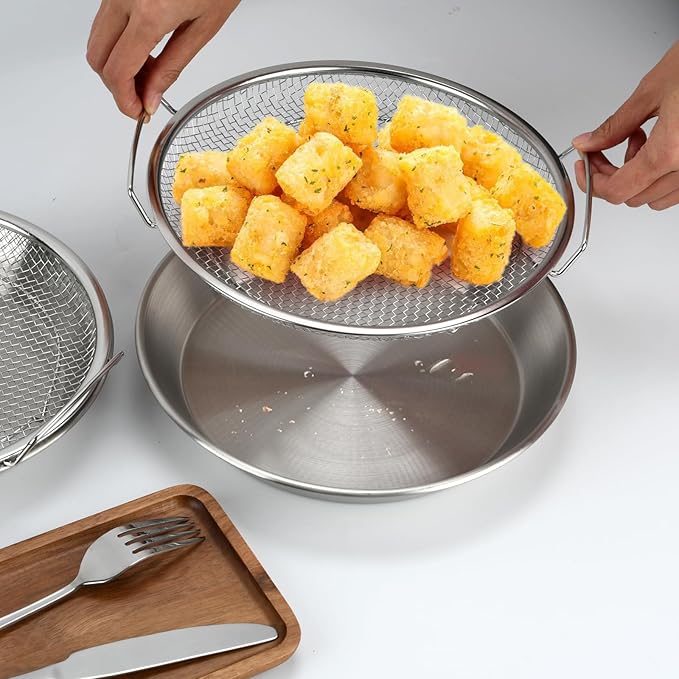 Oil Filter Tray, Stainless Steel Mesh Drain Basket Colanders Air Fryer Accessories for Fried Food Draining Rack Barbecue Grill Tray Net Draining Pan Strainer for Vegetable Dessert (10.2 Inch)