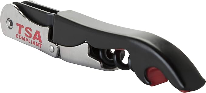 True Jetsetter TSA Compliant Double Hinged Waiters Corkscrew Wine Opener, Durable Stainless Steel with Built-in Bottle Opener and Foil Cutter for Travel, Outdoor Adventures, Home Bar, Set of 1, Black
