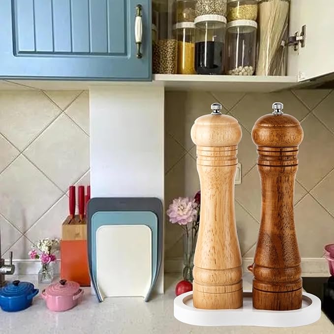 Salt and Pepper Wood Mill Tray, White colour Pepper Grinder Rest, Work Surface and Dining Table Protector (Pepper mill not included)