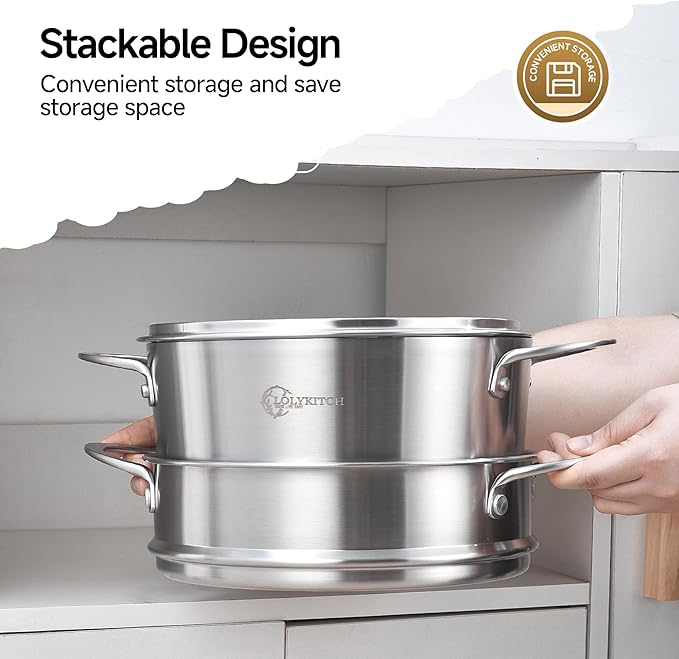 LOLYKITCH 5 Quart Stainless Steel Steamer Pot with Glass Lid, 3-Ply Steaming Pot for Cooking, 2 Tier Induction Steamer Pot for Tamales Seafood Vegetables Dumplings Stock Pot, Thick