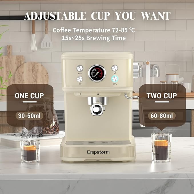 Empstorm Espresso Machine 20 Bar, 2 in 1 Espresso Maker with Milk Frother Steam Wand for Latte and Cappuccino, Powder and Capsule Portafilter, 50oz Removable Water Tank Coffee Machine for Home-White