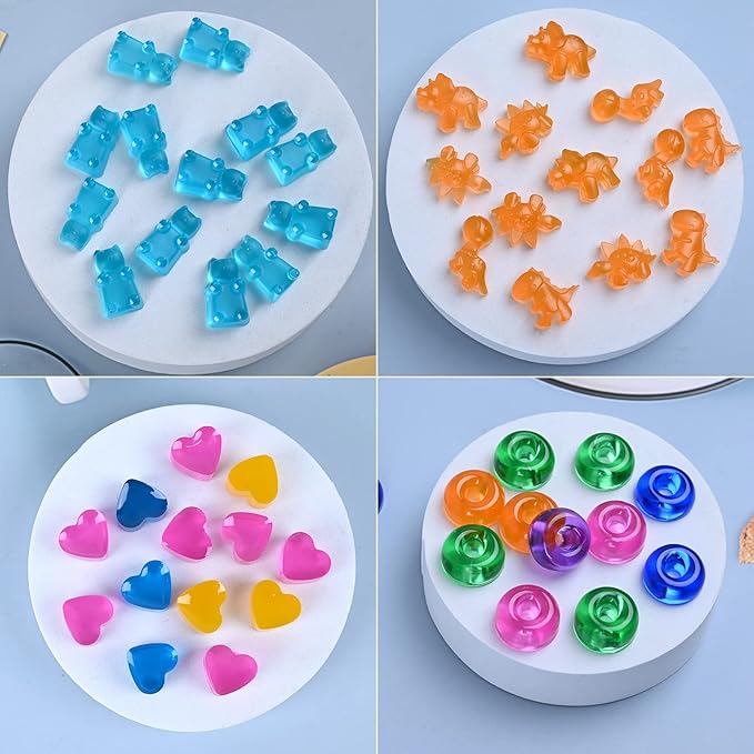 Sakolla Gummy Candy Molds Silicone with 2 Droppers Pack of 4 Mini Silicone Molds Including Dinosaur, Bear Shape, Hearts and Donut Gummie Chocolate Molds for Kids