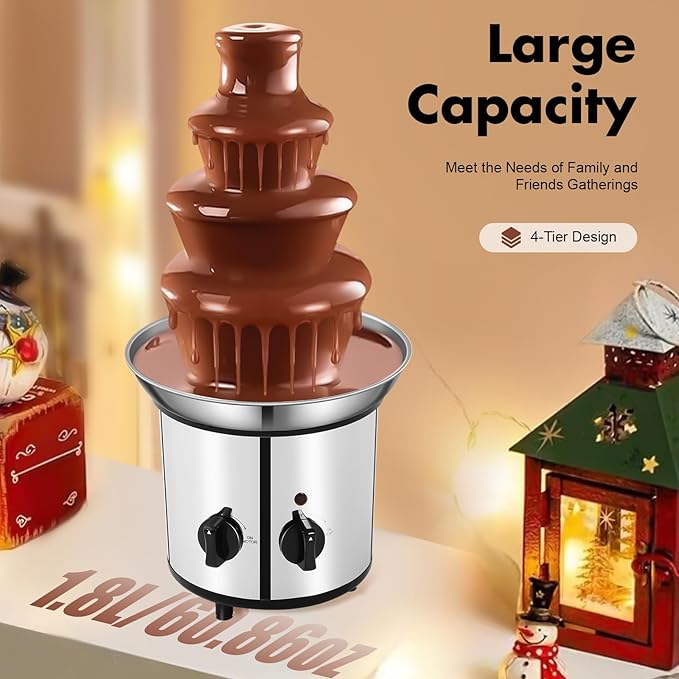 4 Tier Chocolate Fondue，430 Stainless Steel Chocolate Fountain Machine, Electric Chocolate Melting Fondue Fountain Set, Chocolate Fountain Machine for Chocolate Candy Butter Cheese
