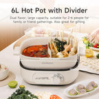Joydeem Electric Hot Pot with Divider, 6L/6.3 qt Double-Flavor Shabu Shabu Pot, UL Listed & Boil-dry Protection, Suitable for 2-6 People, DHG-B600
