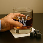 On The Rox (W-Monogram)- 4 Piece Set of 11 Ounce Engraved Heavy Base Rocks Glasses- Quality Elegant Glass-Multi-Purpose Beverage-Rocks Glass- For any Occasion