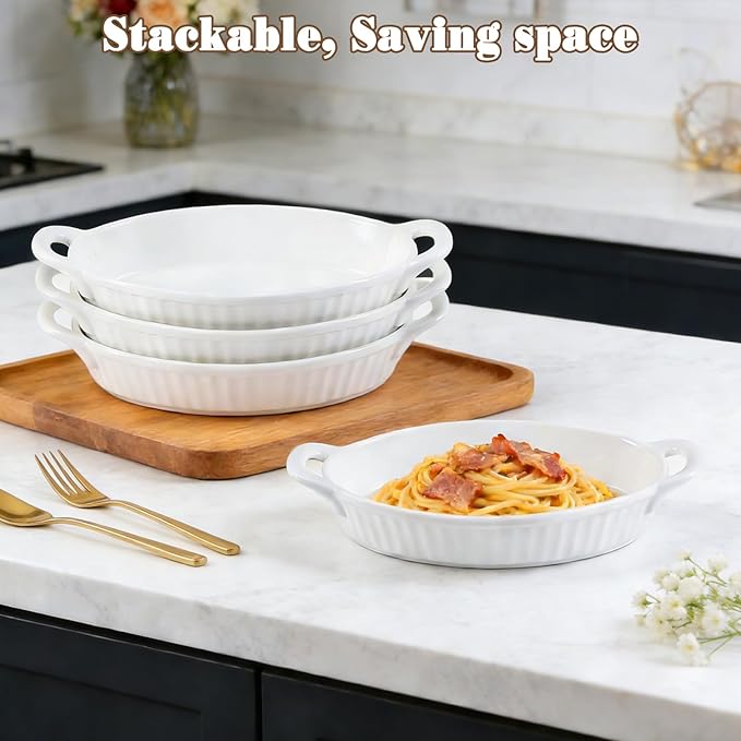 4 PCS 16 OZ Au Gratin Baking Dishes, Oval Porcelain Baking Dishes with Handles for Kitchen and Home, Ceramic Oven Safe, 7.5" x 9.25",White