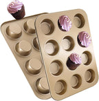 2 Pack Premium Nonstick Bakeware 12-Cup, Mini Muffin Pan, Dishwasher Oven Safe(Golden, 12 Cup (2 pcs)