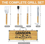 Grandpa Gifts from Grandkids, Christmas Grandpa Gift Heavy Duty Wooden BBQ Grilling Accessories Kit for Backyard, Thick Stainless Steel Grill Utensils with Non-Slip Handle Tools in Portable Bag