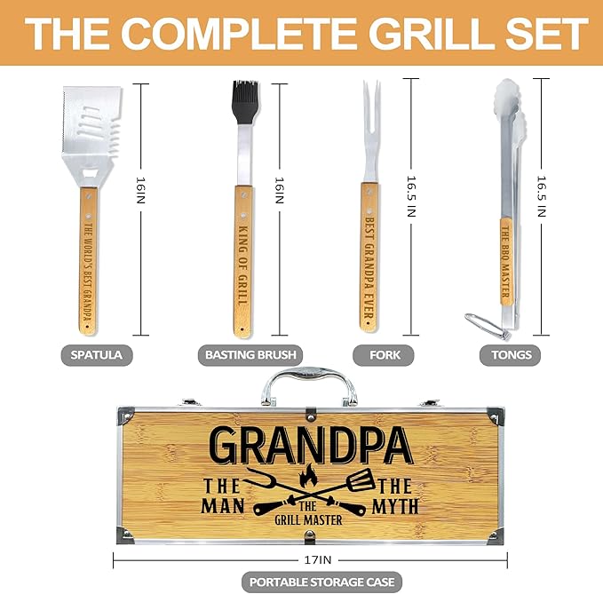 Grandpa Gifts from Grandkids, Christmas Grandpa Gift Heavy Duty Wooden BBQ Grilling Accessories Kit for Backyard, Thick Stainless Steel Grill Utensils with Non-Slip Handle Tools in Portable Bag