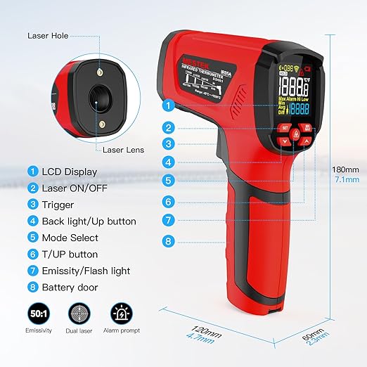 -40℉~2912℉ MESTEK Infrared Thermometer Temperature Gun,50:1 Dual Laser High Temp Thermometer with Thermocouple Probe, Non-Contact Industrial Pyrometer for Engine, Kiln, Forging, Industrial Use