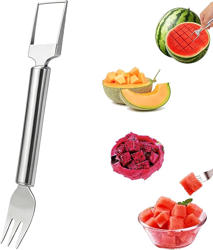 2-in-1 Stainless Steel Fruit Cutter, 2026 New Upgrade Dual Head Watermelon Fork Slicer Cutter Tool, Summer Watermelon Fruit Cutting Home Kitchen Gadgets (1PCS)